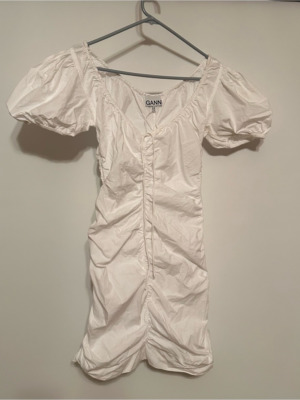 Ganni White Puff-Sleeve Ruched Front Mini Dress
